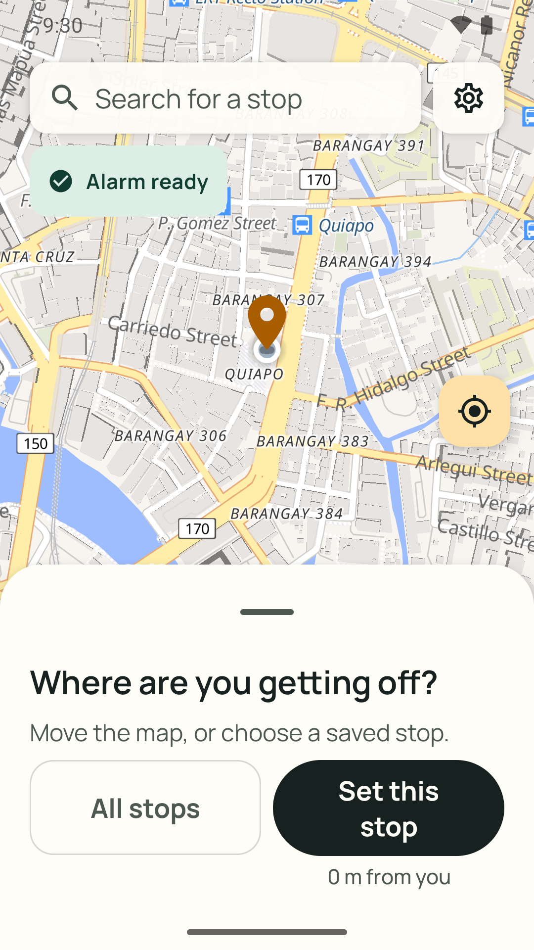 Map centred on Quiapo, Manila, asking Where are you getting off? with a Set this stop button and a search field