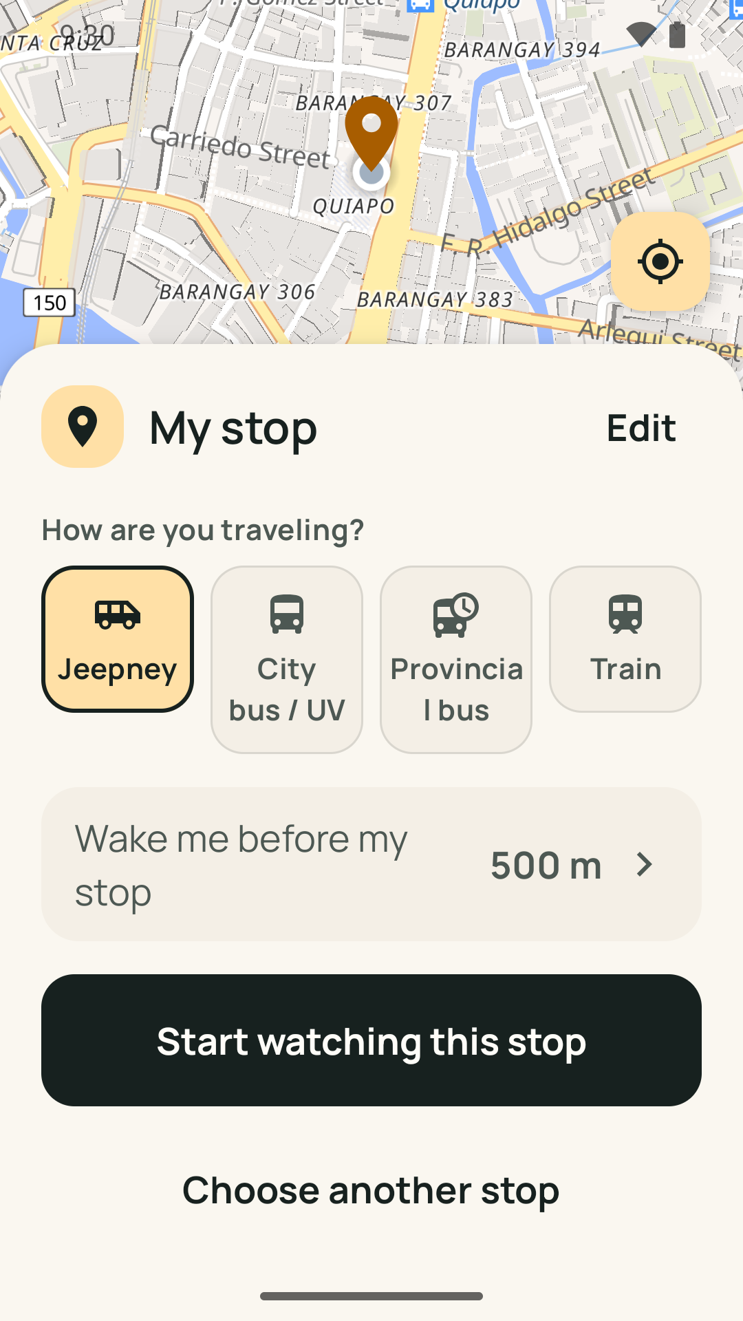 Stop screen with Jeepney selected and Wake me before my stop set to 500 m, above a Start watching this stop button