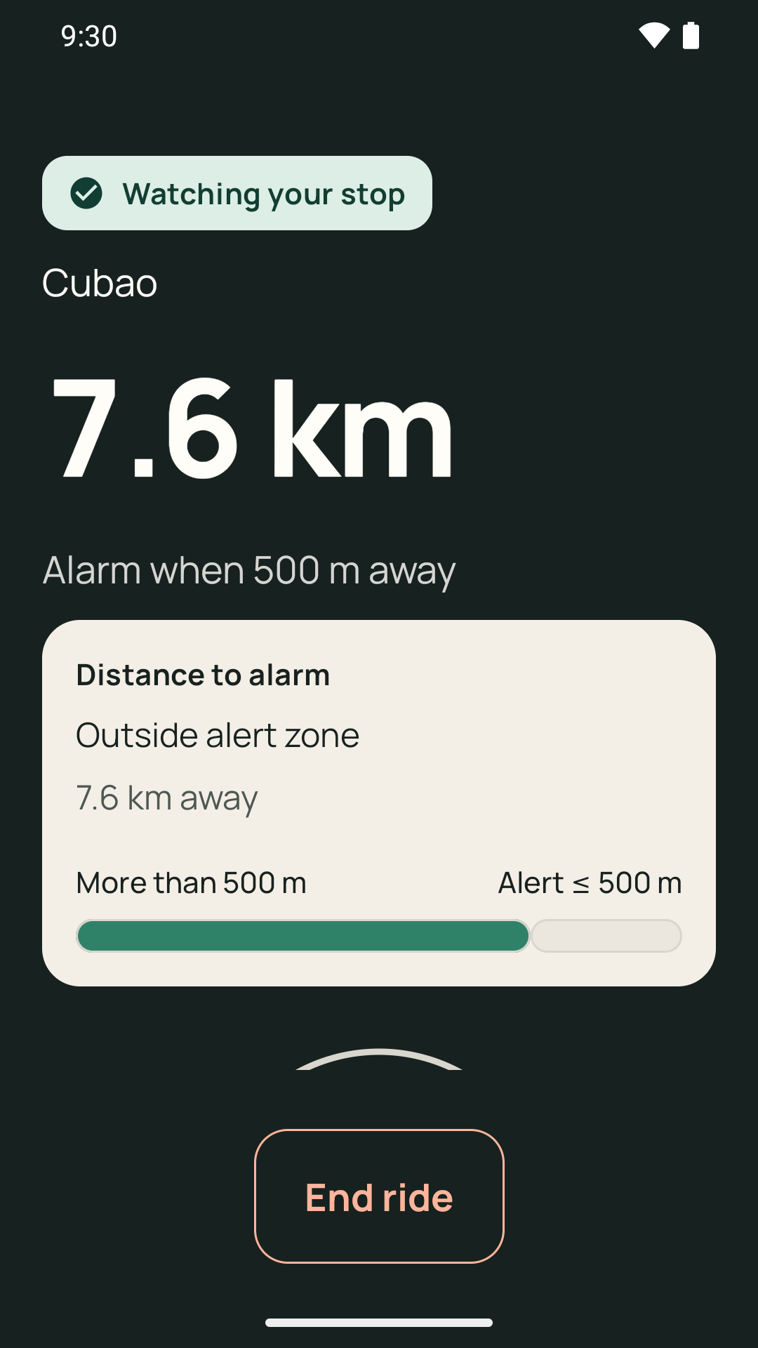 Malapit Na watching a stop in Cubao, with 7.6 km remaining and an alarm set for 500 m before arrival