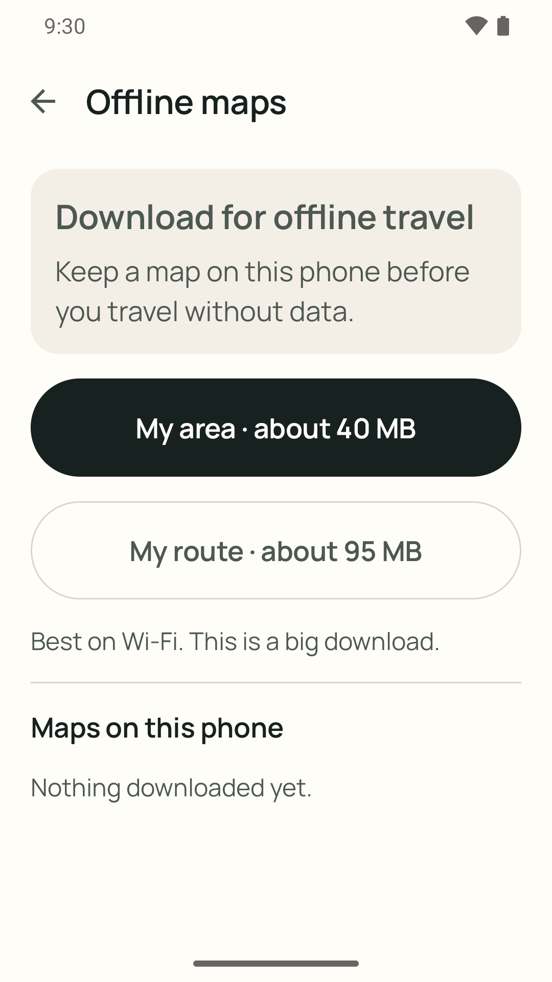 Offline maps settings offering My area, about 40 MB, and My route, about 95 MB, to download