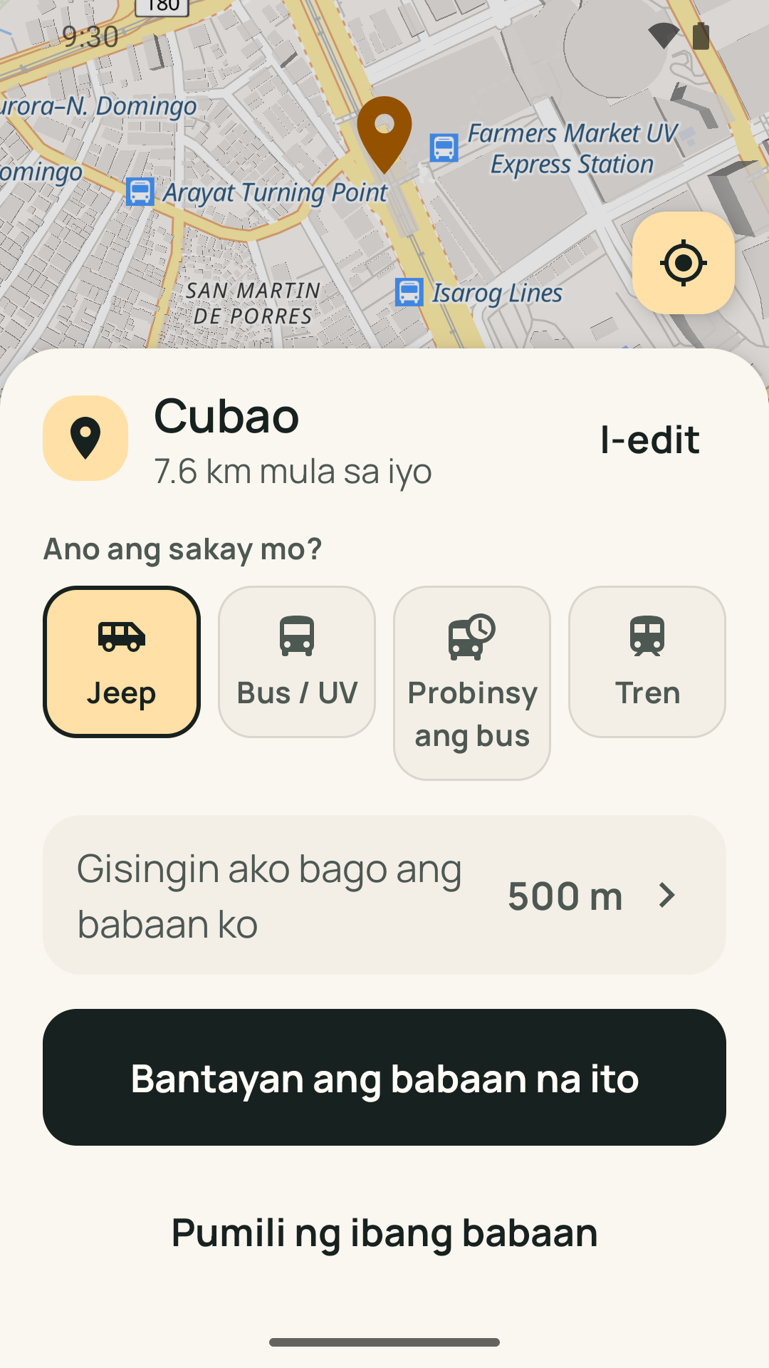 Filipino stop screen with Jeep selected and a Bantayan ang babaan na ito button
